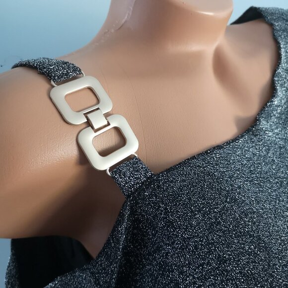 One Shoulder Chain Buckle Sparkly Glitter Top Shirt black silver M - Picture 2 of 9